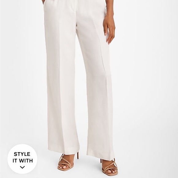 NWT Express Editor Mid Rise Linen-Blend Belted Relaxed Trouser Pant White - Picture 4 of 7